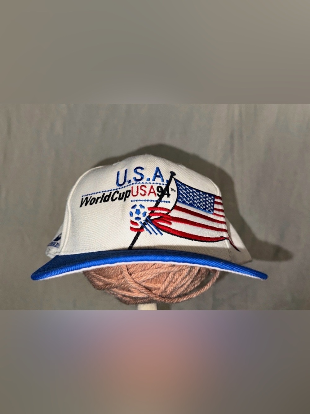 Vintage Apex One USA 1994 World Cup Snapback Hat American Flag White Blue 90s